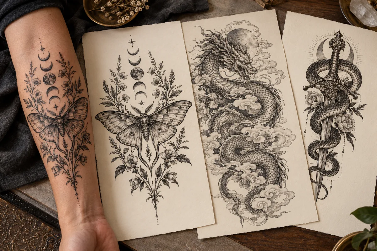 Intricate moth, Japanese dragon and snake-and-dagger tattoo concepts beside a matching forearm visualization