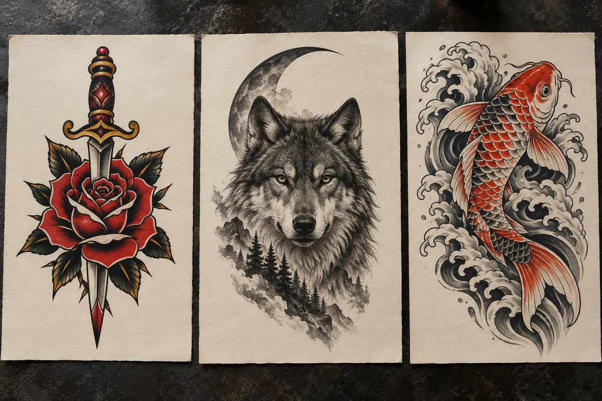 Traditional rose and dagger, wolf with moon, and Japanese koi tattoo flash