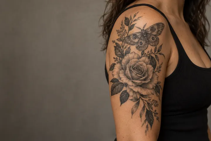Black and grey rose and moth tattoo on an adult model’s upper arm