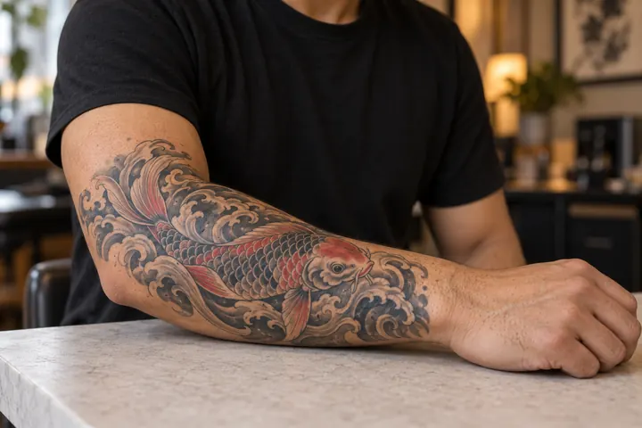 Japanese koi and wave tattoo flowing along an adult model’s forearm
