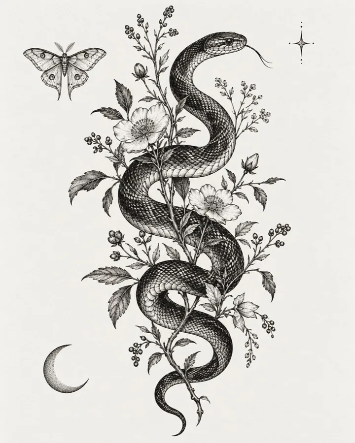 Detailed black and grey snake winding through botanical flowers with a moth