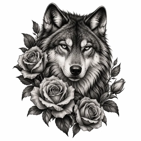 Black and grey tattoo style example: a wolf portrait with roses