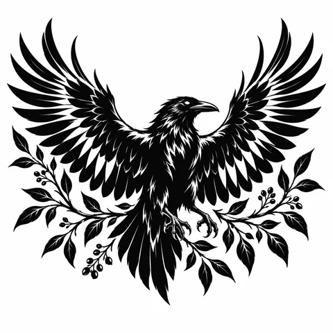 Blackwork tattoo style example: a raven with spread wings and botanical branches