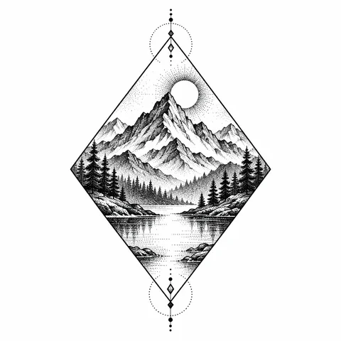 Dotwork tattoo style example: a mountain landscape inside a geometric diamond