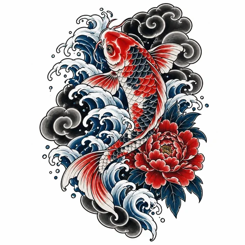 Japanese tattoo style example: a koi swimming through waves with a peony