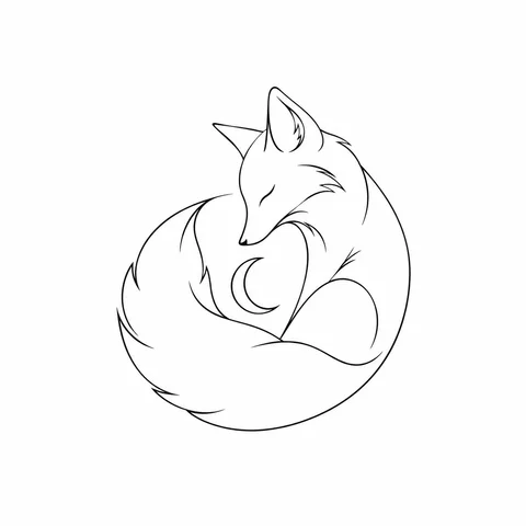 Minimalist tattoo style example: a single continuous-line fox curled around a tiny moon