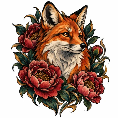 Neo Traditional tattoo style example: a fox portrait framed by peonies