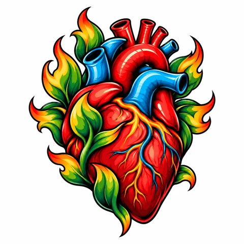 New School tattoo style example: a whimsical anatomical heart with flame-like leaves