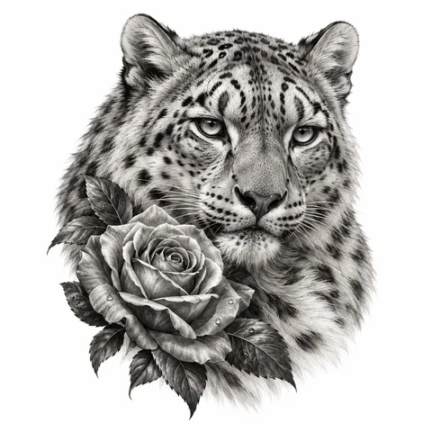 Realism tattoo style example: a snow leopard portrait with a rose