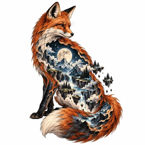 Surrealism tattoo style example: a fox whose body opens into a floating moonlit mountain landscape