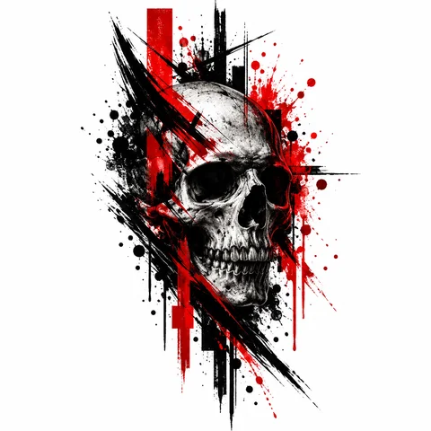 Trash Polka tattoo style example: a skull with angular brush strokes